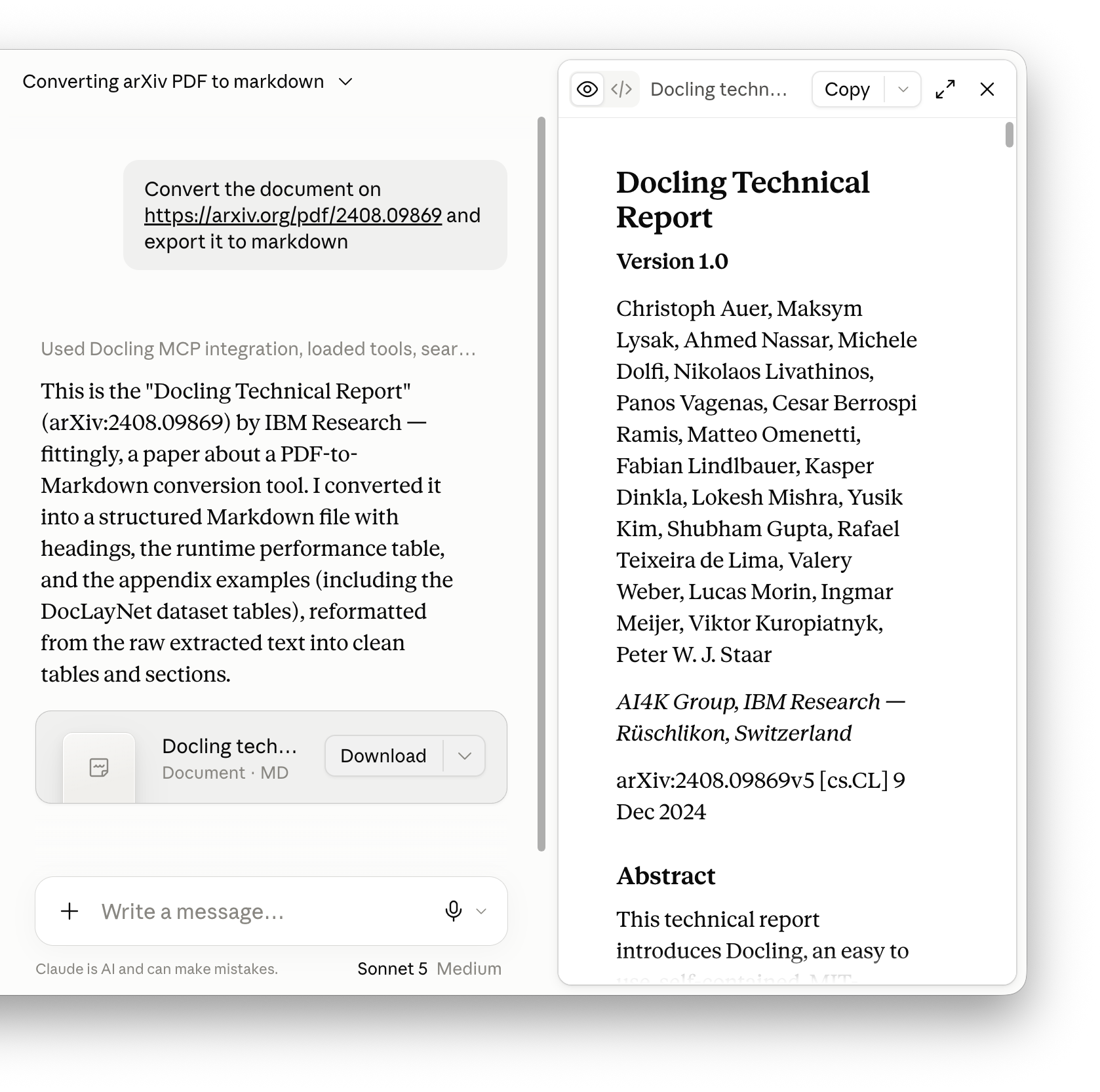 Docling MCP connector active in a Claude conversation